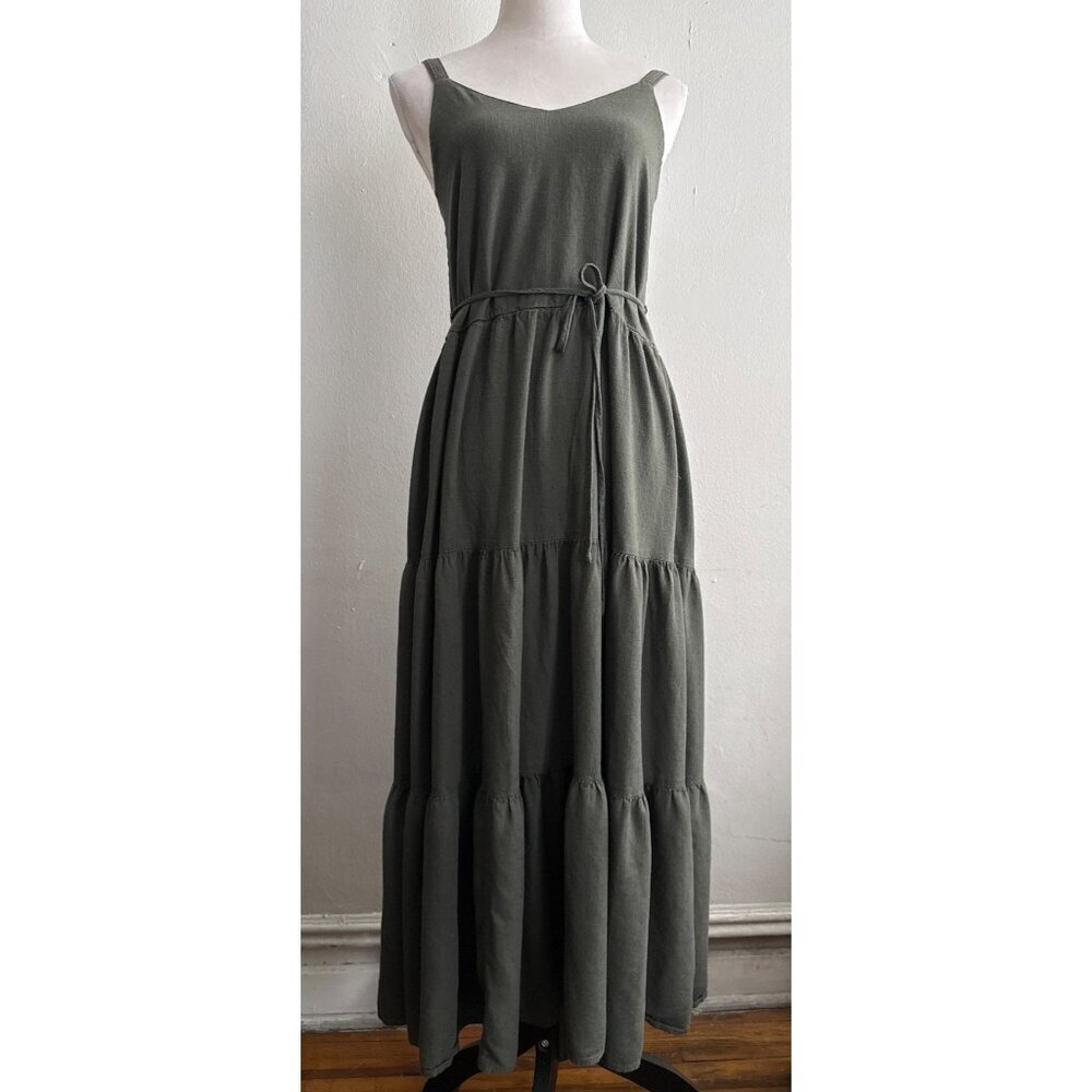 Casual Splendid V-Neck Tiered Maxi Linen Blend Dress Olive Green Small